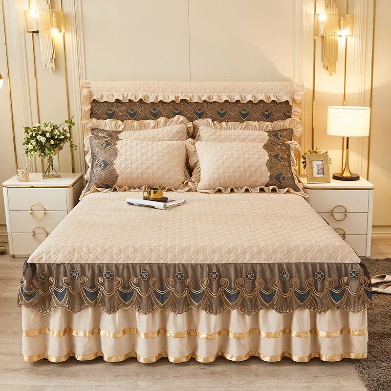 AI WINSURE-European Luxury Lace Velvet Bedspread Set, Queen Double Bed Cover, Soft Ruffle Bedskirt, King Size, Dropshipping