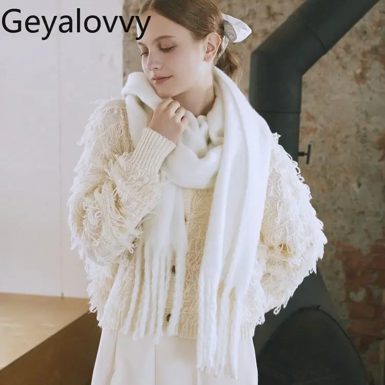 

Шарф из искусственного мохера в японском стиле, однотонный шарф с кисточками по краям, женская шаль, милый универсальный зимний теплый шарф для девочек