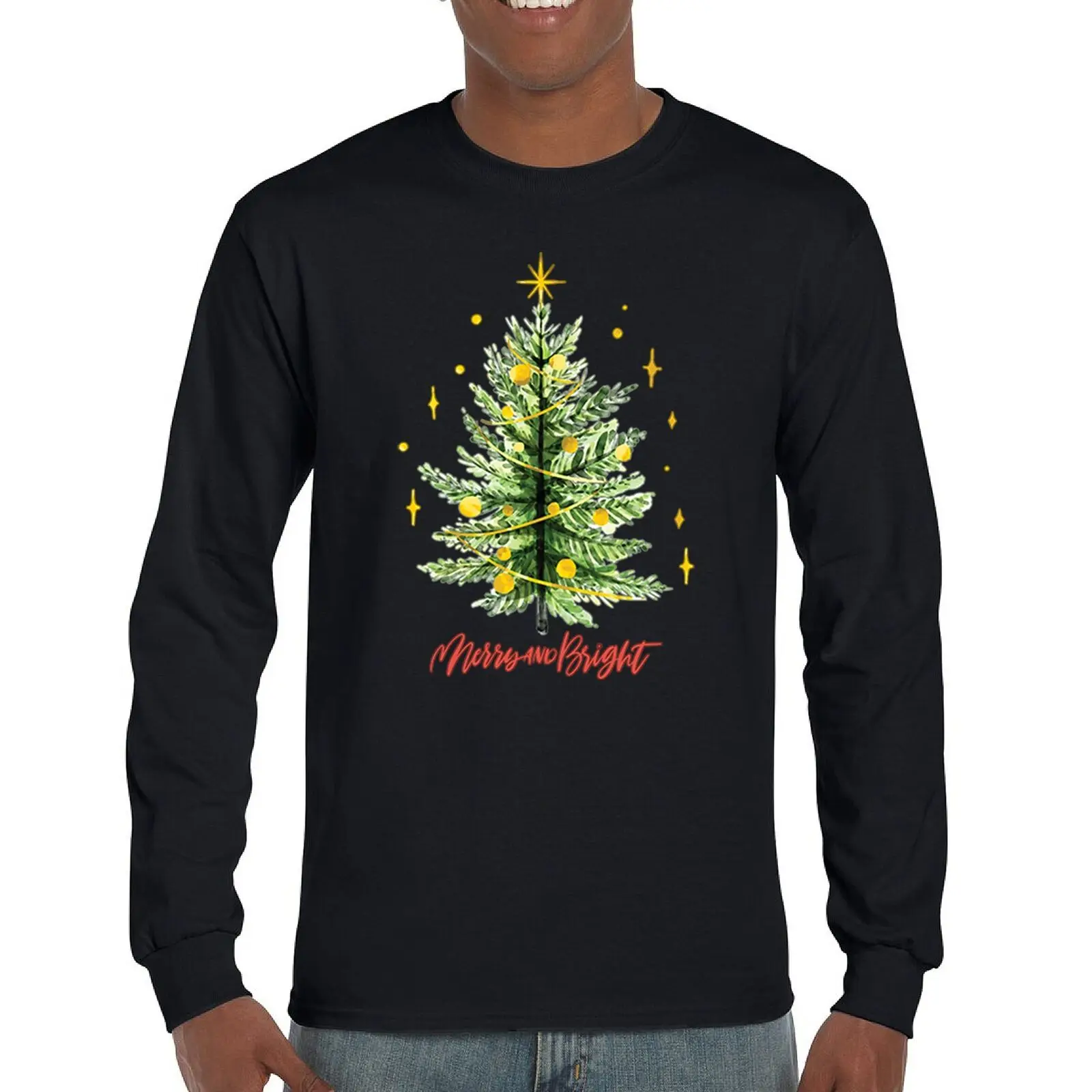 

Merry And Bright Long Sleeve T-shirt Christmas Tree Holiday Spirit Jolly Cozy