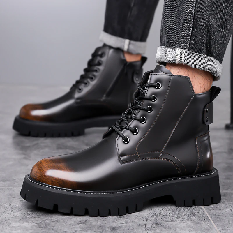 

Luxury Brand Outdoor Men High Top Work Boots Fashionable Genuine Leather Motorcycle Boots Winter Plush Warm Walking Sports Boots