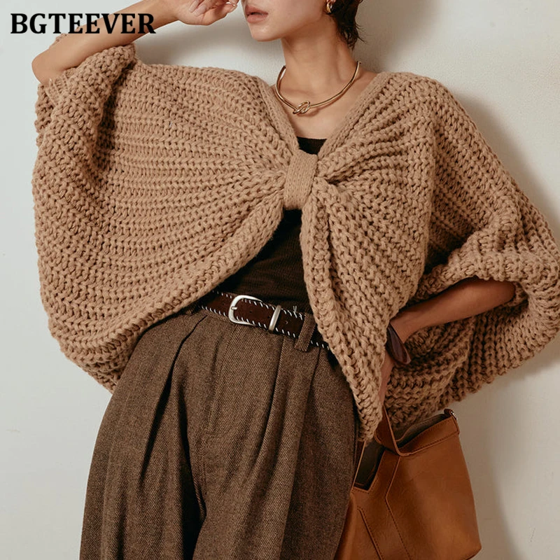 

BGTEEVER осень-зима с v-образным вырезом женские вязаные шаль с бантом на рукавах стильные свободные женские свитера с бантом пуловеры