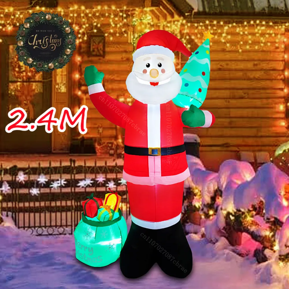 8FT/2.4M Christmas Inflatable Santa Claus with Tree And Gift Bag, Built-in LED Lights For Courtyard Garden Lawn Xmas Decoration