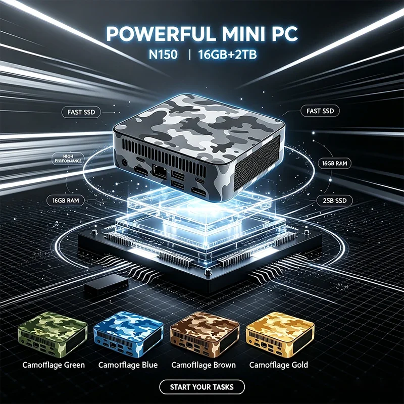 Intel N150 Mini PC 16GB+2TB High Speed Storage Dual HDMI 4K Gigabit Windows11 Compact Multi-Color Design for Gaming Office