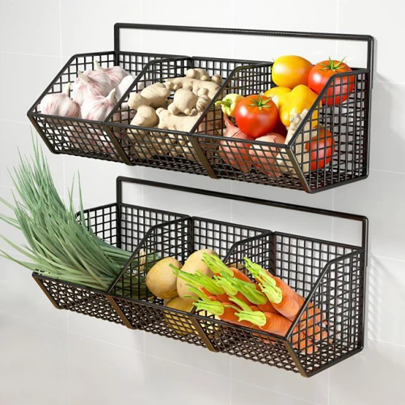 Wall Mounted Storage Basket Kitchen Onion Ginger Garlic Seasoning Spice Shelf No Rinse Vegetable Fruit Drainage Basket