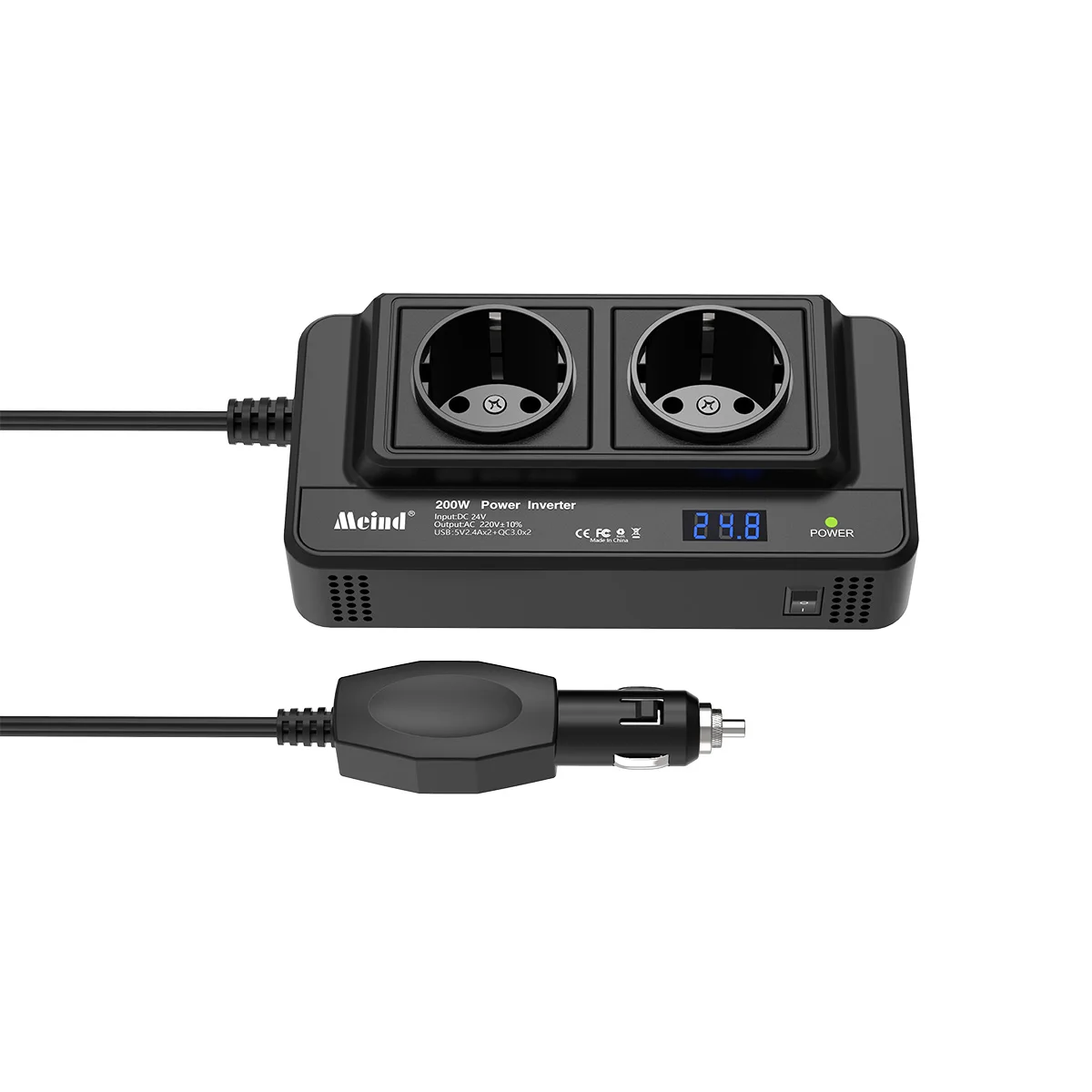 Meind 200W Power Inverter 24V to 220V Dual EU AC Sockets USB&QC 3.0 Fast Charging Ports with Cigarette Lighter Plug