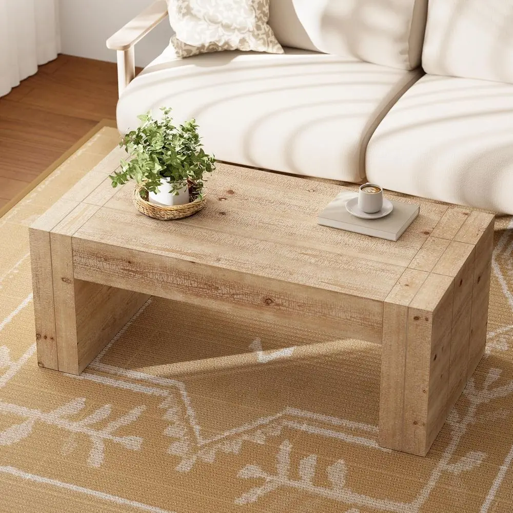 Rustic Wooden Coffee Table with Thick Legs, Rectangular Design for Living Rooms, Natural Finish, Sturdy Farmhouse Style, Brown