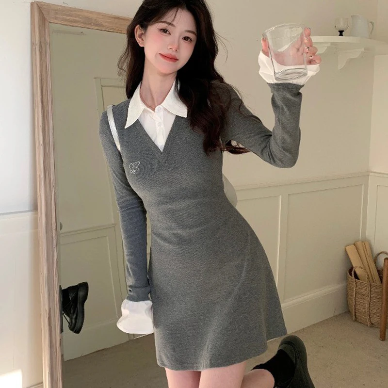 Fake Two-piece Chic Female Dresses Simple Contrast Color Knitted Shirt Dress