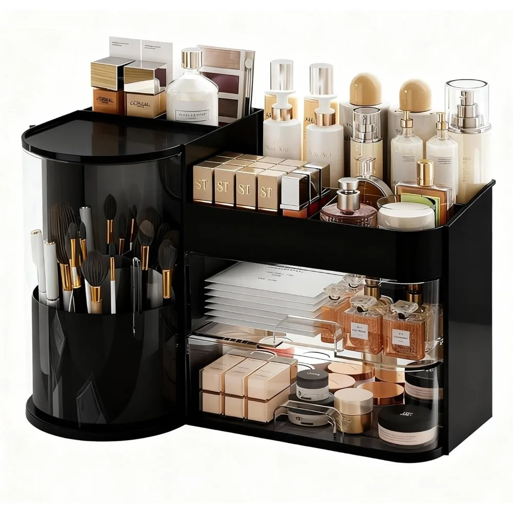 

Вращающийся органайзер для макияжа с 3 ящиками — Хранение кистей для губной помады большой емкости для ухода за кожей — Водонепроницаемая пылезащитная косметичка