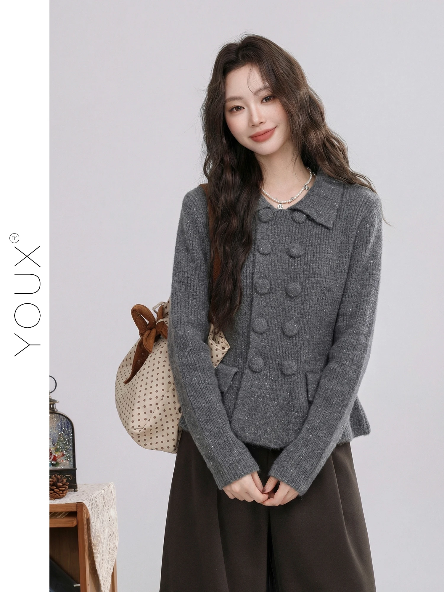 

Gray Commuter Style Women's Sweater Korean Design Spring New Open Cardigan Shirt Collar Long Sleeve Regular Fit Online E...