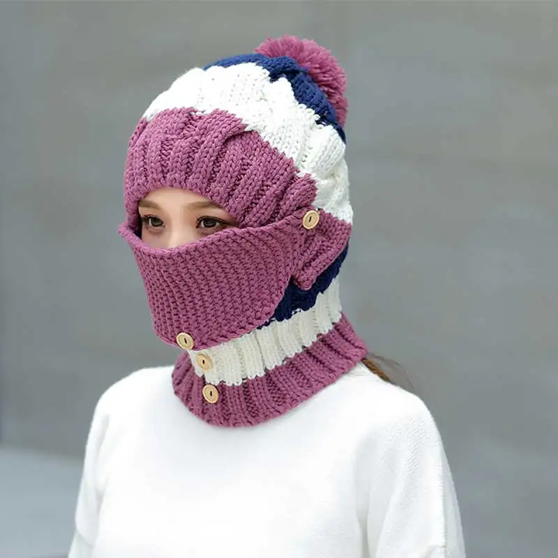 New Fashion Autumn Winter Plus Velvet Breathable Windproof Hat Women's Bib Face Cover Three-Piece Set Warm Knitted Hat Outdoor