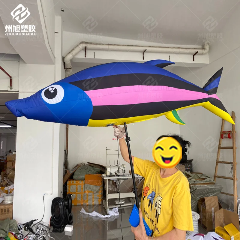 Customized inflatable hand-held fish model with blower outdoor stage parade interactive decoration props