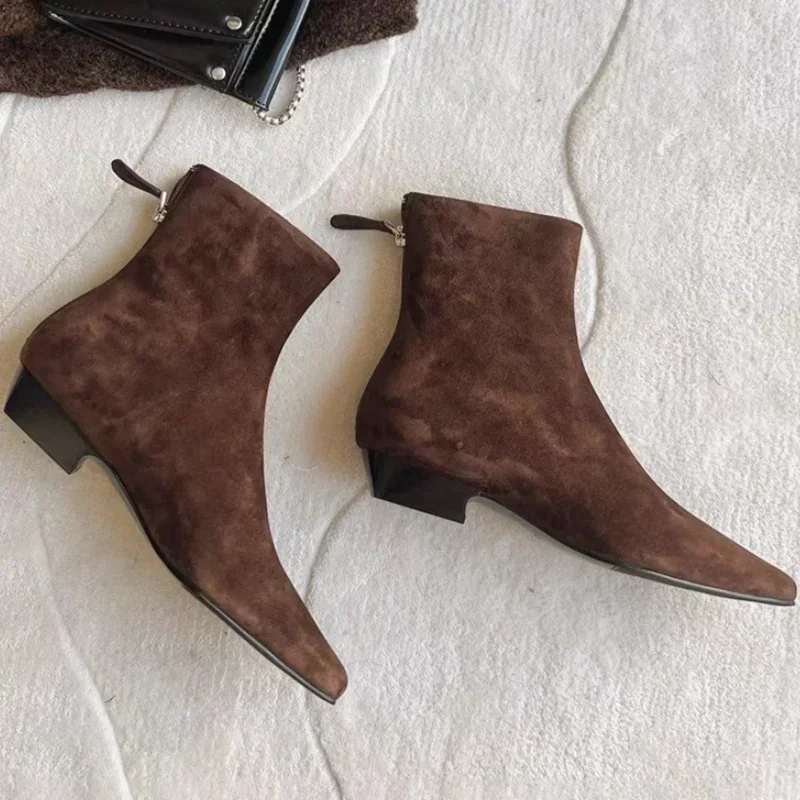 Autumn and Winter Retro Brown Ankle Boots Women Suede Warm Short Boots 2025 Trend Square Toe Low Heels Snow Boots Mujer Zapatos