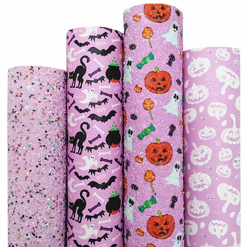 Pink Glitter Leather Sheets Pumpkins Ghosts Custom Glitter Leather Cats Printed Synthetic Leather For Bow DIY 21x29CM Q1471