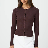 Women's Ribbed Cardigan Tops Spring Fall Solid Color Long Sleeve Round Neck Button Up Cropped Sweaters Female Casual Pullovers