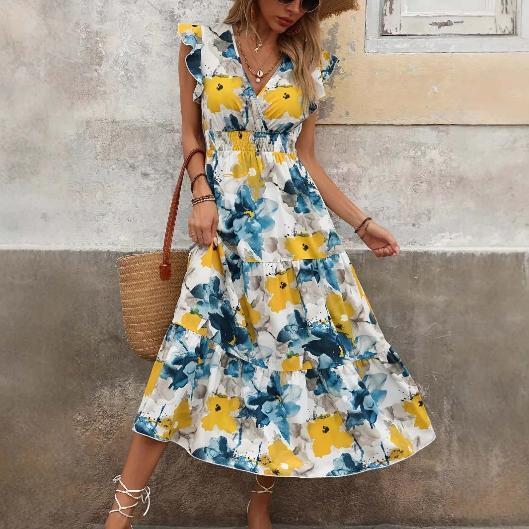 

Женское платье 2026 с градиентным принтом, V-образным вырезом, коротким рукавом, приталенное, стройнящее, А-силуэт