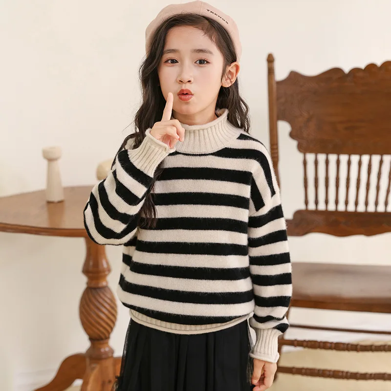 Seven-Pin Thickened Hemmed Half-Turtleneck Wool Pullover Autumn and Winter Young and Older Boys and Girls Same Swe