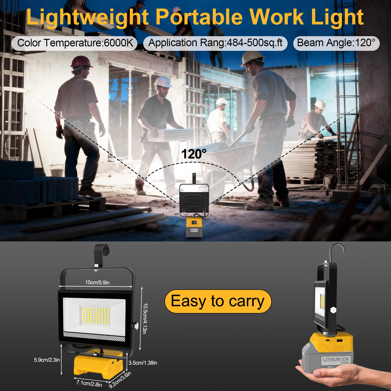 48W/60W/100W Portable LED Work Light Rechargeable LED Flood Light for Dewalt 18V-20V Li-ion Battery Cordless Work Light 6000k