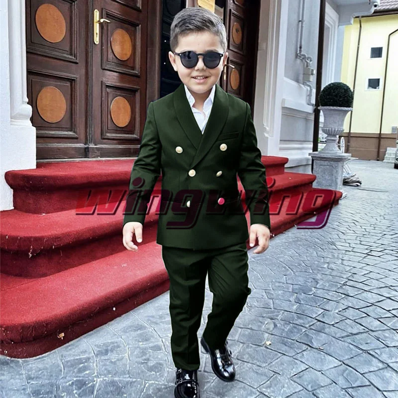 Boys Wedding Suit Jacket Pants Set of 2 Double Breasted Kids Clothes Fashion Gold Buttons 2-16 Years Blazer