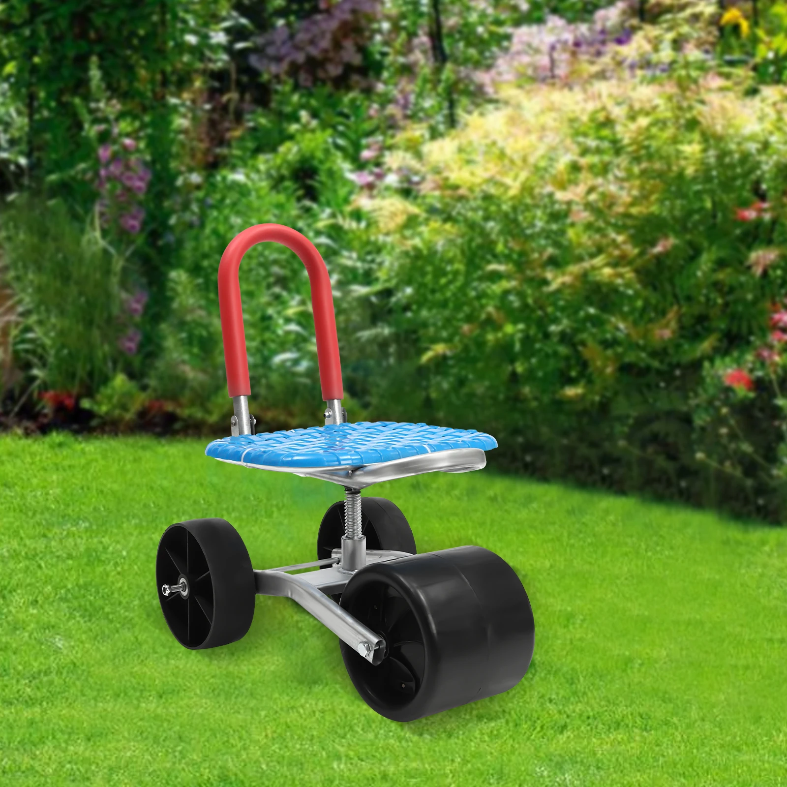 

Garden Cart Rolling Stool with 3 Wheels Stable Workseat Outdoor Lawn Yard Patio Wagon Scooter Adjustable 360 Degree Swivel Seat