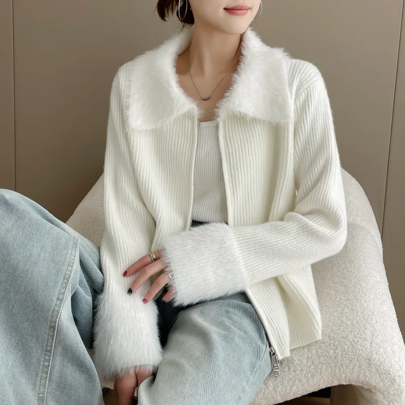 

Autumn and Winter Coat in Stock Slimming with A Patchwork Imitation Mink Fur Inside and A Knitted Zipper Cardigan Sweater Women