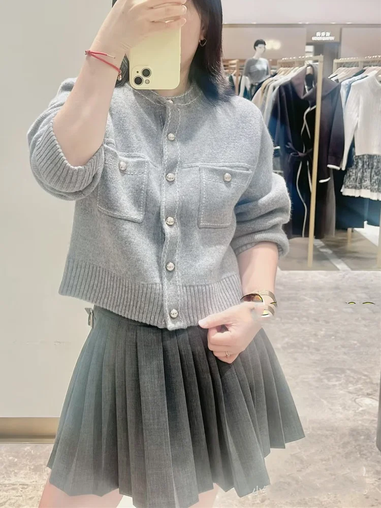 Versão sofisticada europeia Sle malha longa Sve redonda Ne ey Camere Cardigan aberto outono inverno feminino Faion Clas...