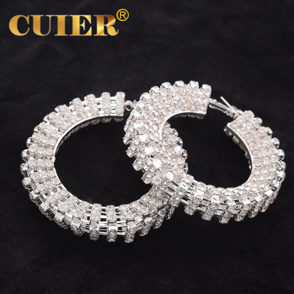 CUIER Stereoscopic 7cm Full Rhinestone Three-dimensional Big Hoop Earrings Women Jewelry for Girls Pageant Drag Queen Hip Hop