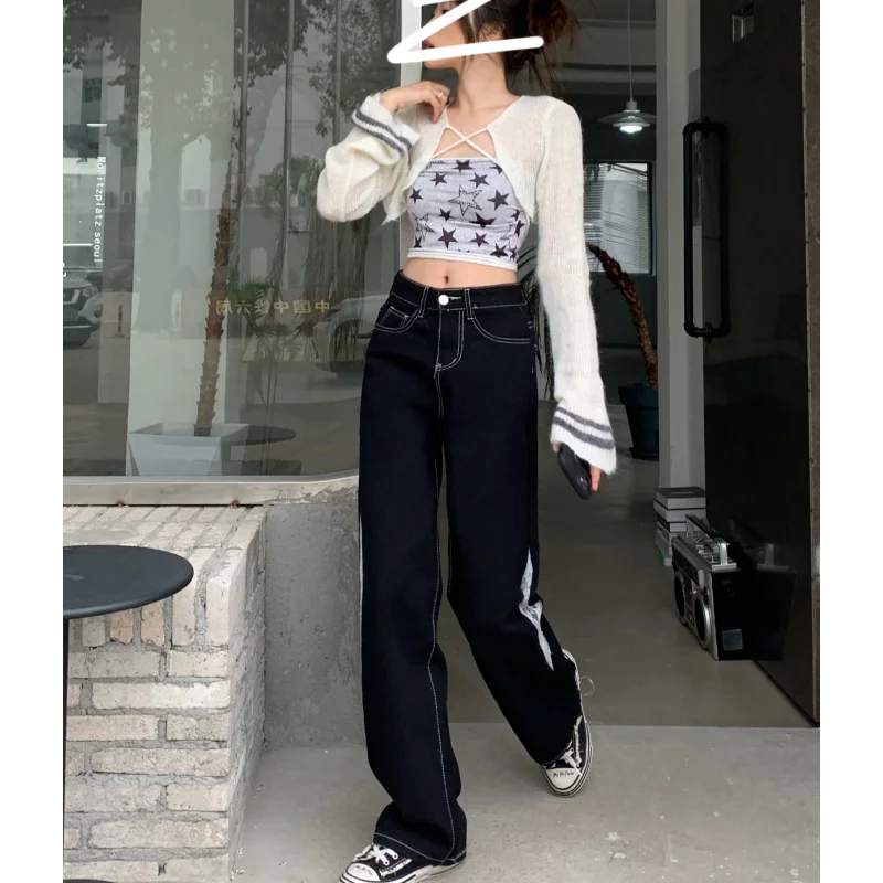 Frauen schwarze Jeans Vintage hoch taillierte amerikanische Hose mit weitem Bein Mode y2k Stil gerade neue Sommer weibliche Jeans hose