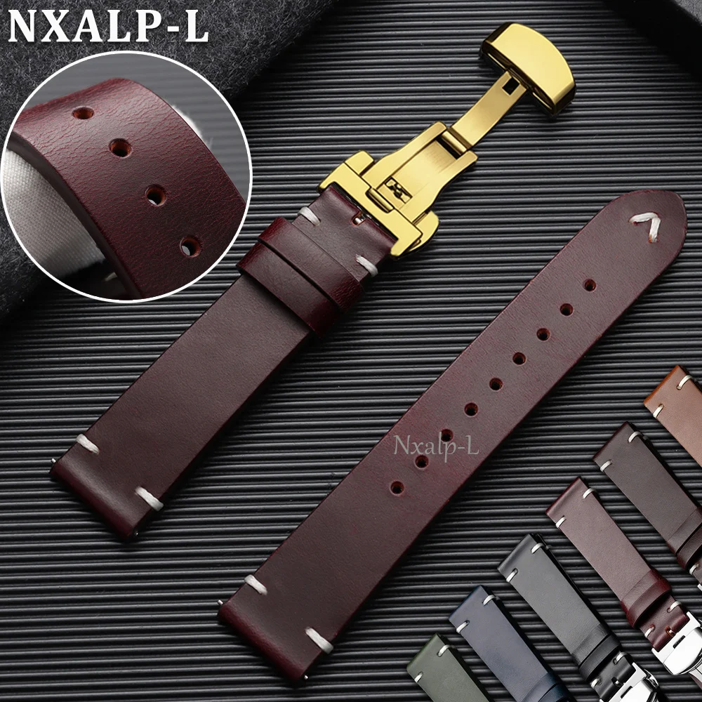 Bracelet de montre en cuir de vachette cousu avec boucle papillon 18mm 20mm 22mm, bracelet en cuir huilé pour Omega, Seiko, montre connectée