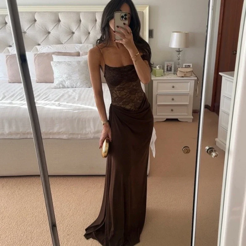 

Off-Shoulder Lace See Through Dress Women's High Waist Sleeveless Backless Sexy Maxi Dress Summer Fashion Party Clubwear