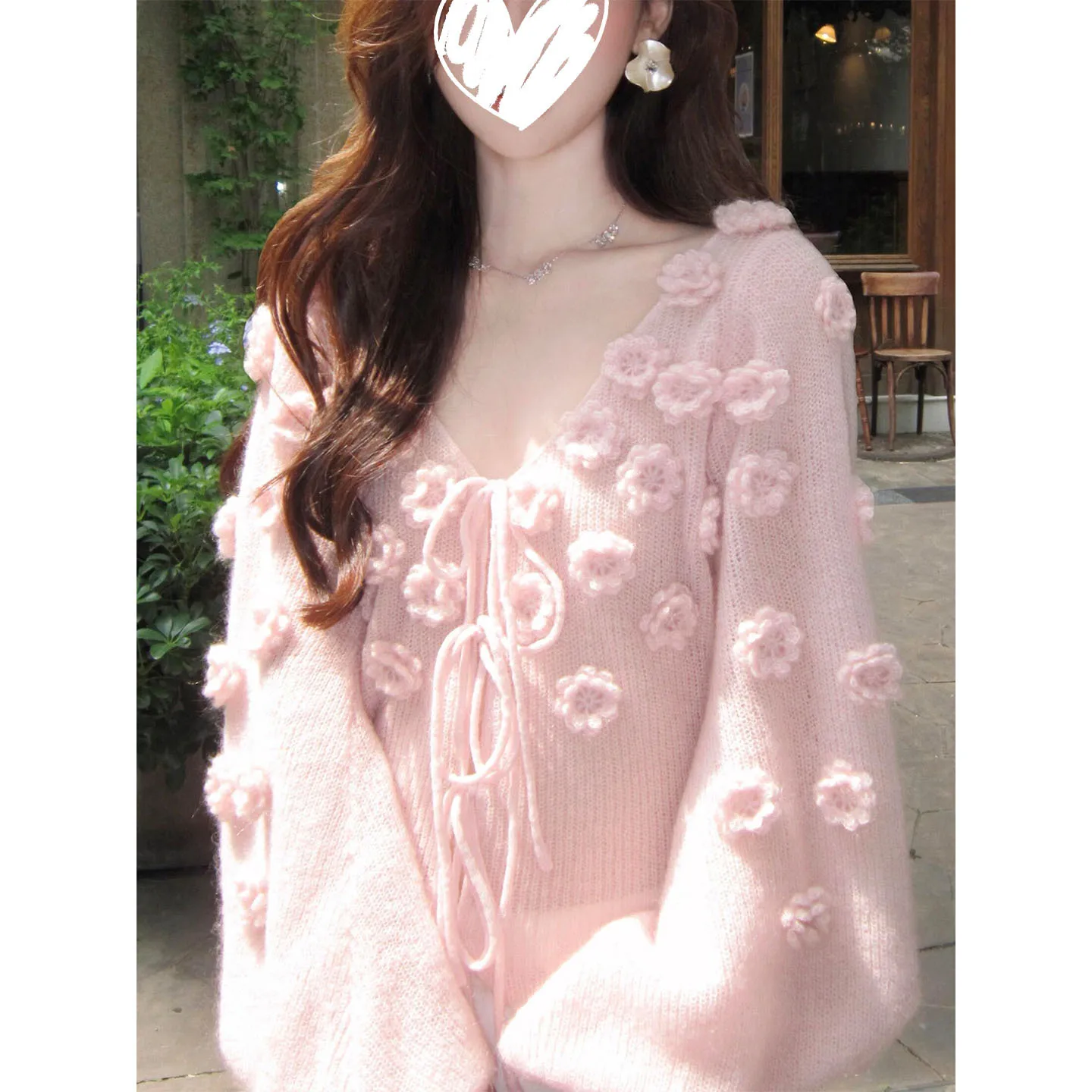 

Осень 2022, новый корейский стиль, розовый, нежный стиль, трехмерный цветочный свитер с длинными рукавами и v-образным вырезом на талии для женщин