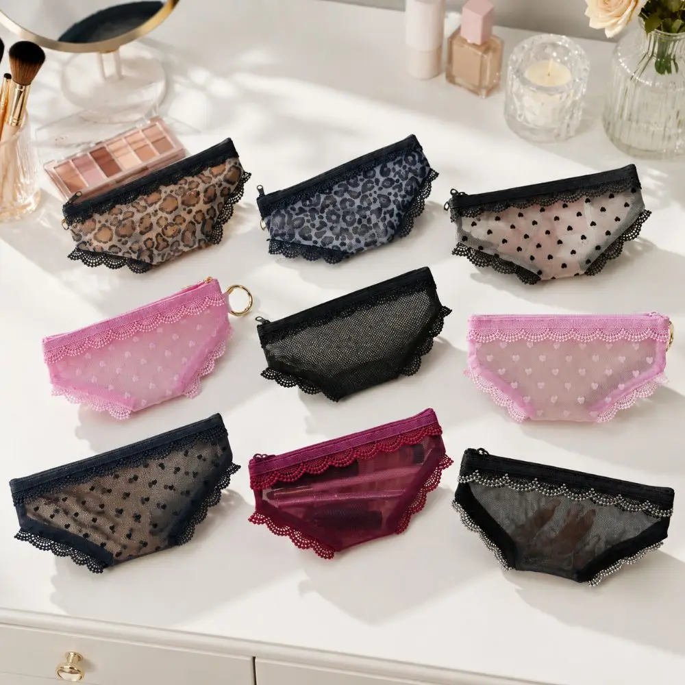 Creativity Briefs Shape Cosmetic Bag Lace Heart Transparent Makeup Storage Pouch Y2K Mesh Toiletry Bag Storage for Travel