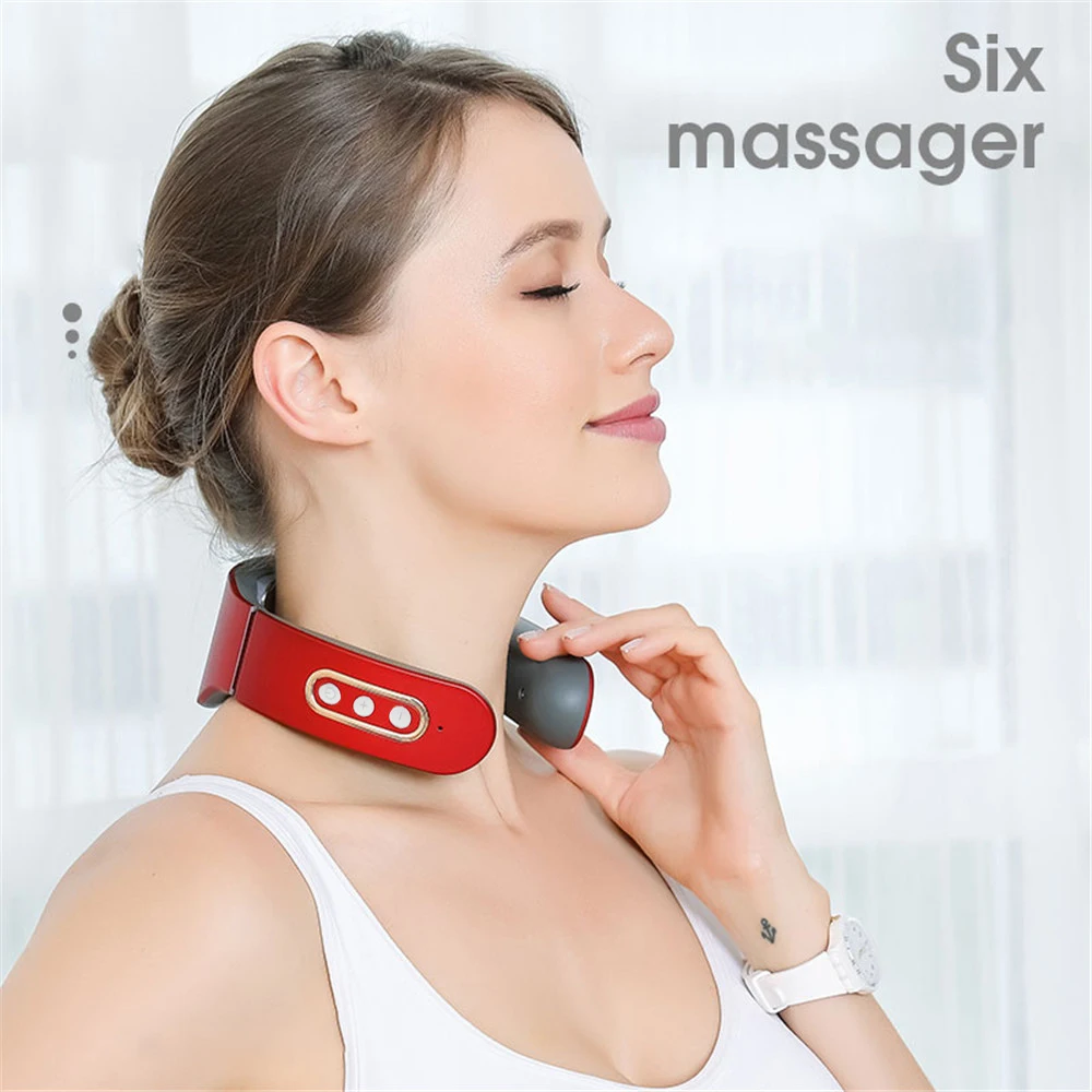 6 Mode 9 Levels Electric Neck and Shoulder Pulse Massager Heating Cervical Vertebra Machine Relax Pain Relief Back Kneading Tool