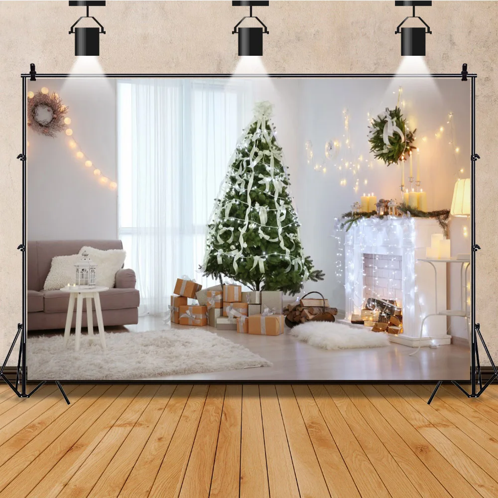 Winter Interior Christmas Background Photography Xmas Tree Wreath Fireplace Decor Backdrop Children Portrait Studio Photo Props