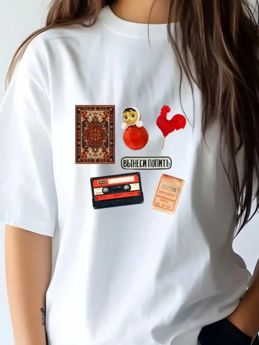 Russian Girl Retro Cassette Tape Print Short Sleeve Oversized T Shirt Women T-shirt Vintage Graphic Tops 100% Cotton Summer 2025