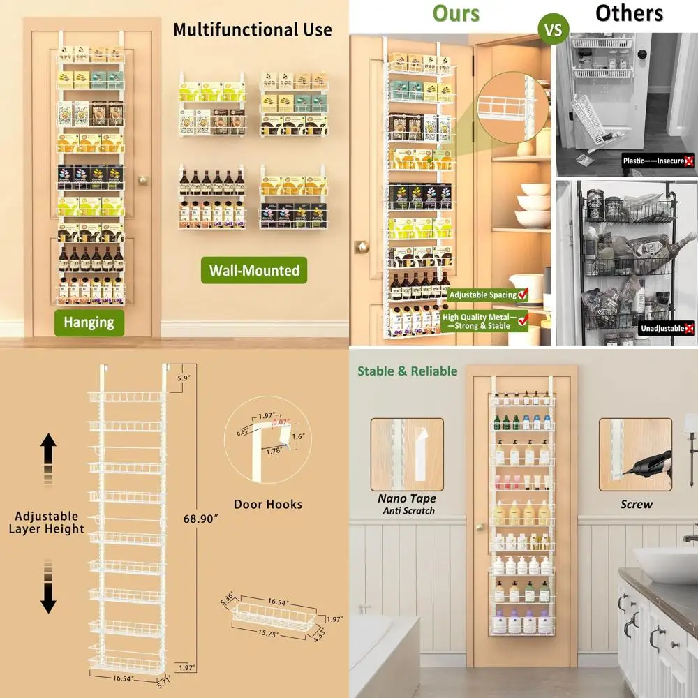 

9-уровневый регулируемый дверной органайзер для кладовой с 9 корзинами, полка для специй двойного назначения, белый
