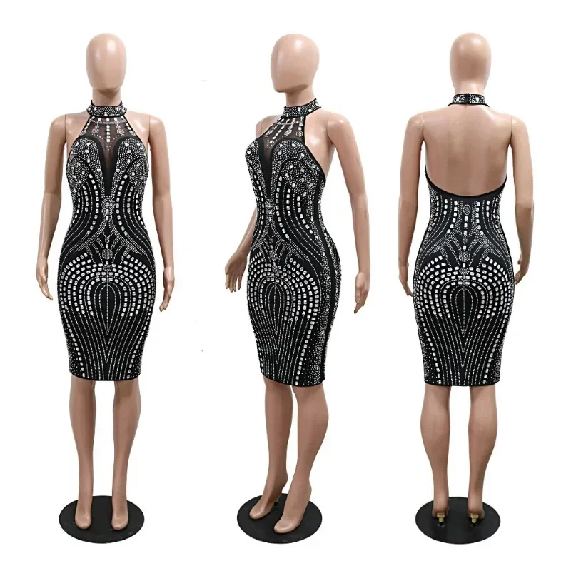 GUWU Halter Hot Strass Bodycon Minikleid Herbst Winter Frauen Diamanten Sexy Rückenfrei Party Club Abend Geburtstag Kleider