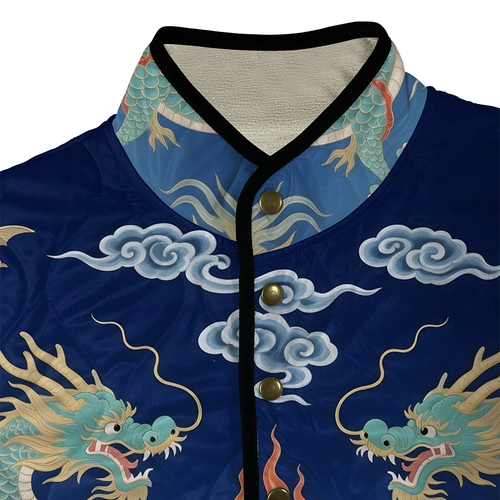 سترة دافئة مطبوعة على شكل سحابة التنين الصيني التقليدي بياقة واقفة ونمط آسيوي عتيق مثالية لمحبي الموضة الثقافية والملابس الخارجية
