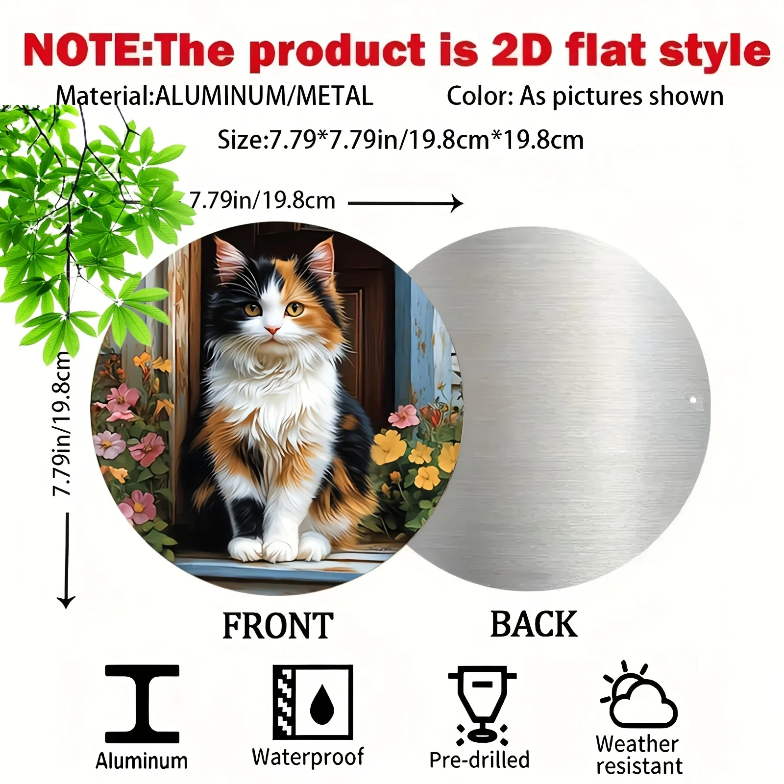 2D Flat, Vintage Calico Cat & Floral Metal Wall Art Sign - Rustic Farmhouse Round Calico Tabby Cat with Black/White/Orange Tabby