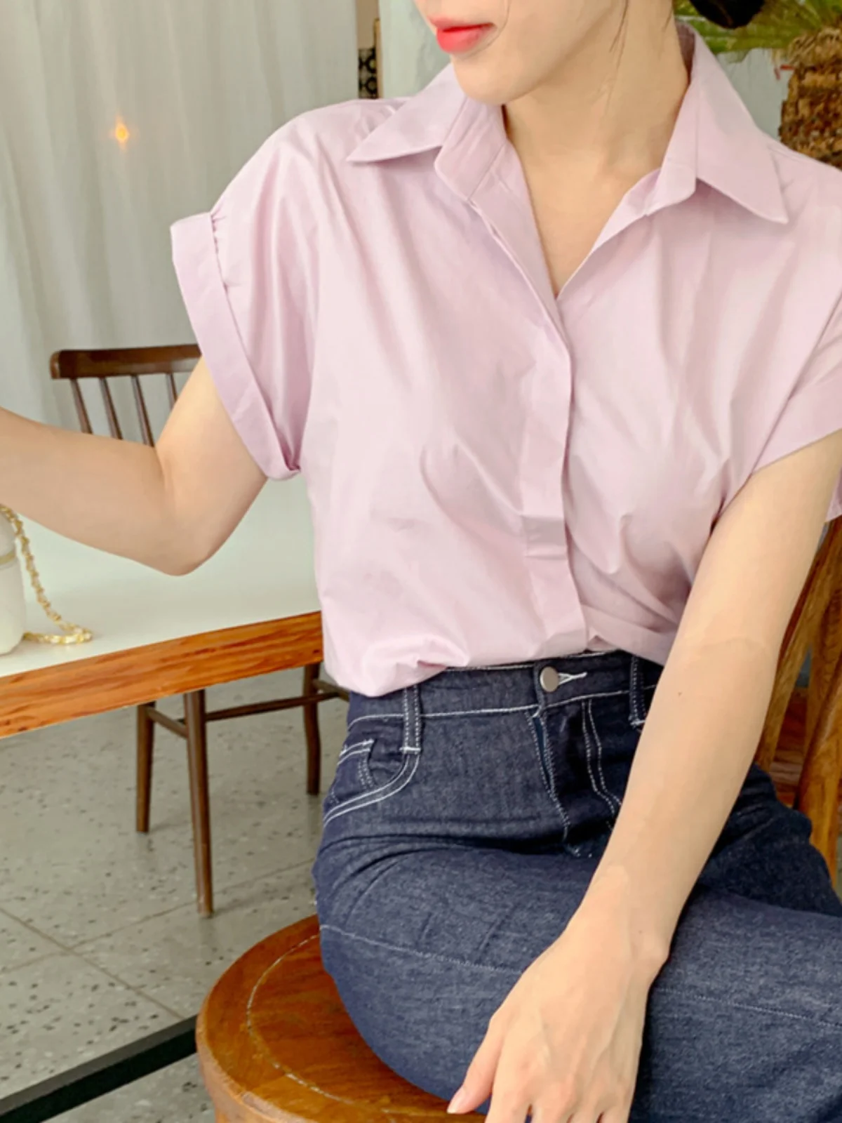 Csa Casual Rosa Fena Estilo Chic de Verão Nova Moda Versátil com Punho e Colarinho  E