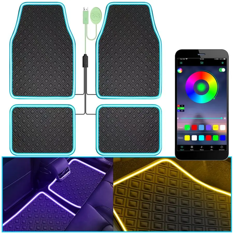 

Floor Mats with Led Strip Light, Premium Universal Fit Black Automotive Carpet, Interior Car Lights Floor Mats,App Control Faux