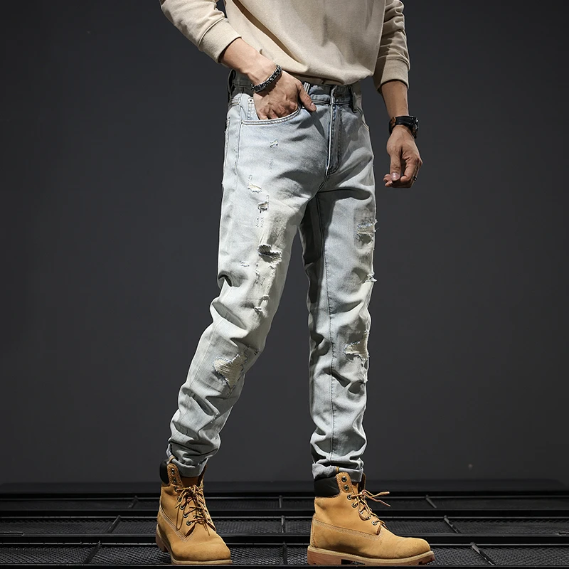 

JXNS1018 casual broken holes stretch light-coloured jeans new personality high street men's trousers versatile Slim nostalgia