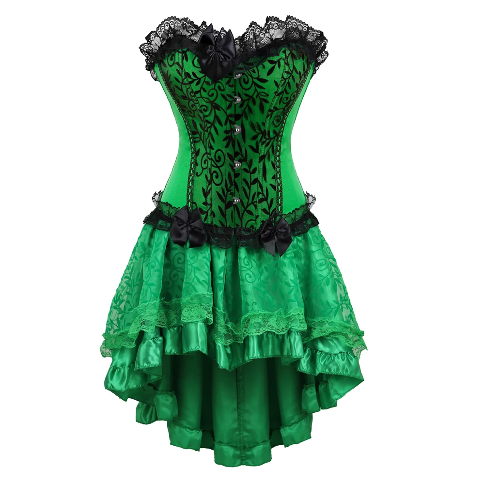 

Green Corset Dress Vintage Lace Trim Corset with Steampunk Skirt Set Lace Up Gothic Bustier Corselet Dress for Women Plus Size