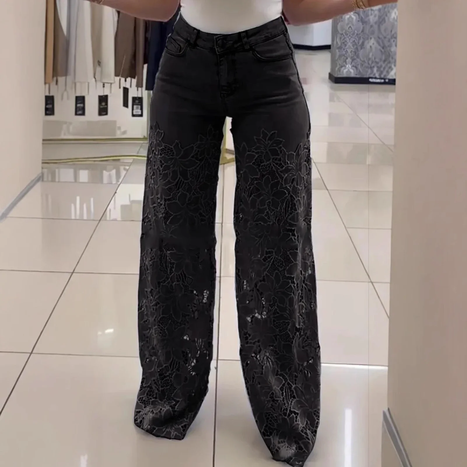 Women Y2k Hollow Out Flower Jean Pants Loose Zipper Pocket Button Straight Leg Trousers 2025 Summer Elagant Street Lady Outwear