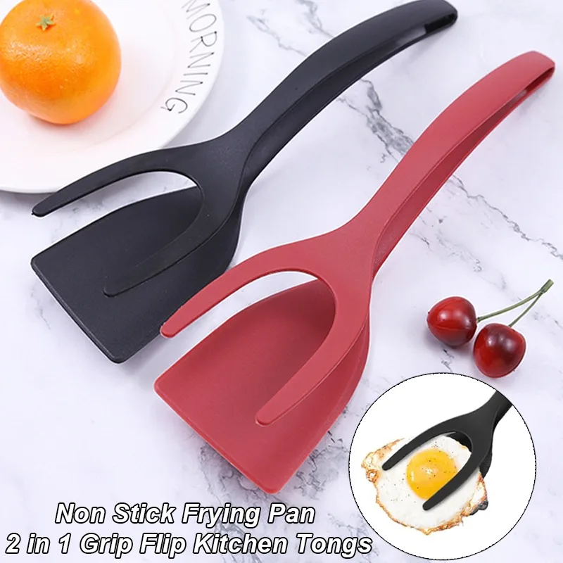 Multi-Function 2 in 1 Grip Flip Kitchen Tongs Portable Fried Egg Double Spatula Non-Stick Beef Steak Spatula Cooking Utensils