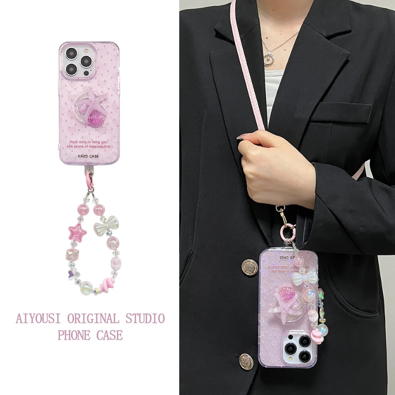 

Laser pink love shell holder for apple 15pro case iphone14promax12 drop proof 11 crossbody strap 15 handheld chain