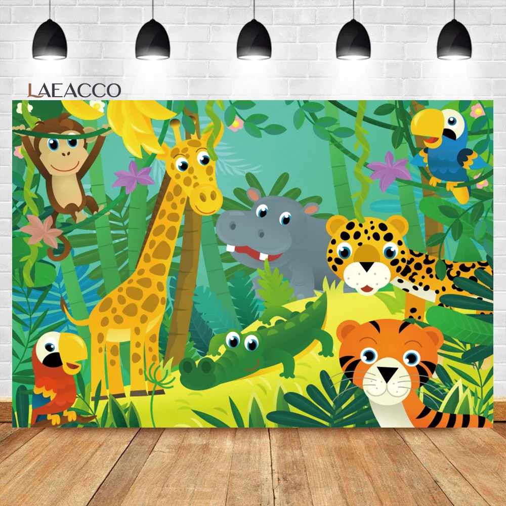 

Laeacco Cartoon Safari Animals Backdrop Jungle Wildlife Zoo Themed Party Decor Kids Baby Birthday Custom Photography Background