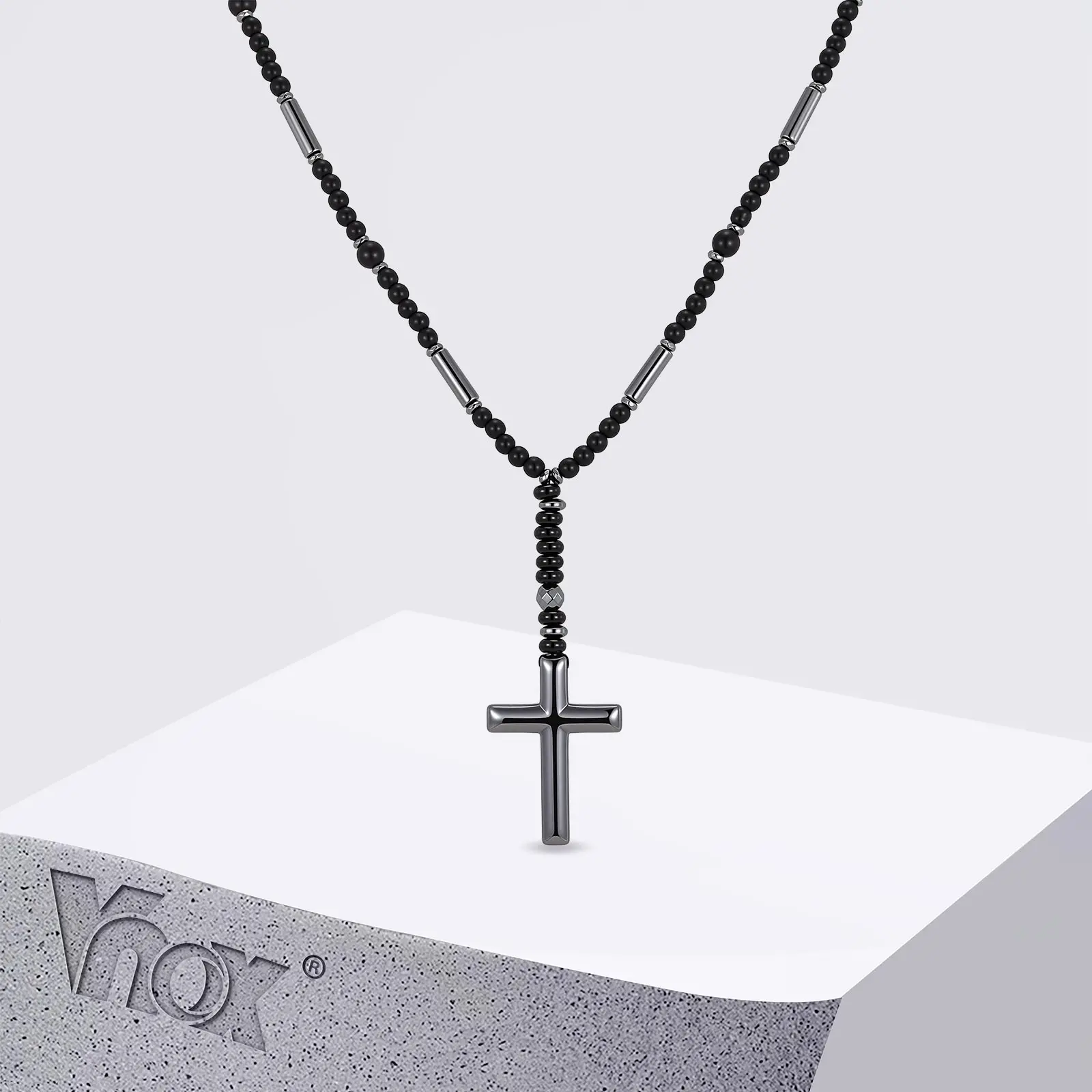 Vnox Hämatit-Kreuz-Anhänger-Halskette für Männer, Schwarze Onyx-Perlenkette, Langer Männerschmuck, Punk-Street-Style Geschenk
