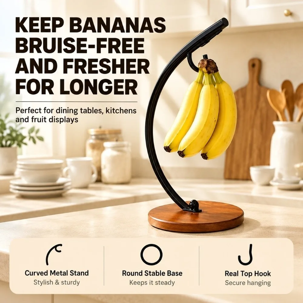 Iron Banana Holder Stand Rust Resistant Keeps Bananas Fresh Banana Hanger Sturdy Wooden Base Banana Hook Rack