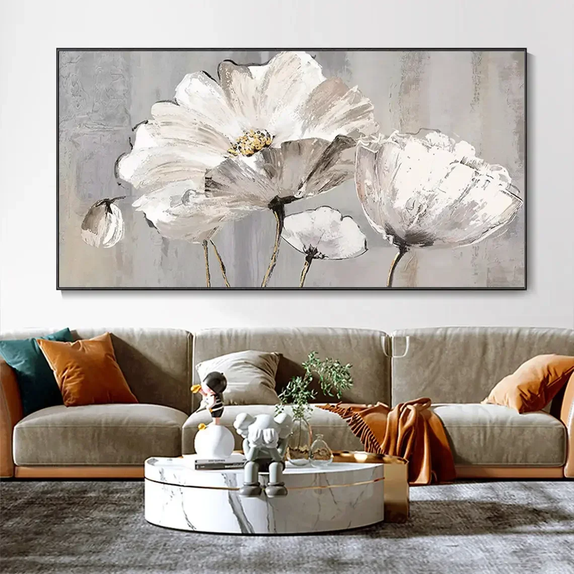 رمادي أبيض الخشخاش الأزهار رسمت باليد النفط اللوحة الحديثة مجردة اللوحة الصادرة زهرة مخصص الإبداعية تصميم الحد الأدنى #1