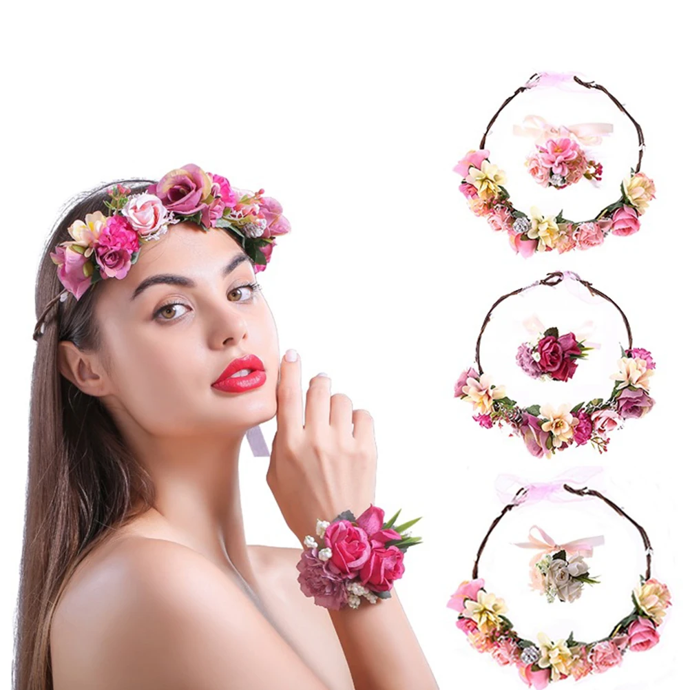 

Floral Headband Wreath Hairband Girls Headwear Headdress Wristband Set Rose Design Unfading Flowers Matching Hairstyle Outfits
